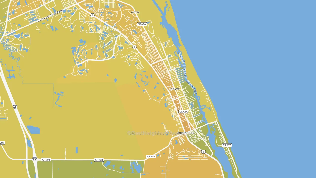 Map of the best neighborhoods in the 33455 area, with better matches in green and worse matches in red
