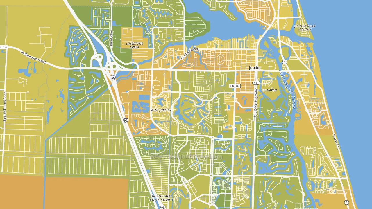 Map of the best neighborhoods in the 33458 area, with better matches in green and worse matches in red
