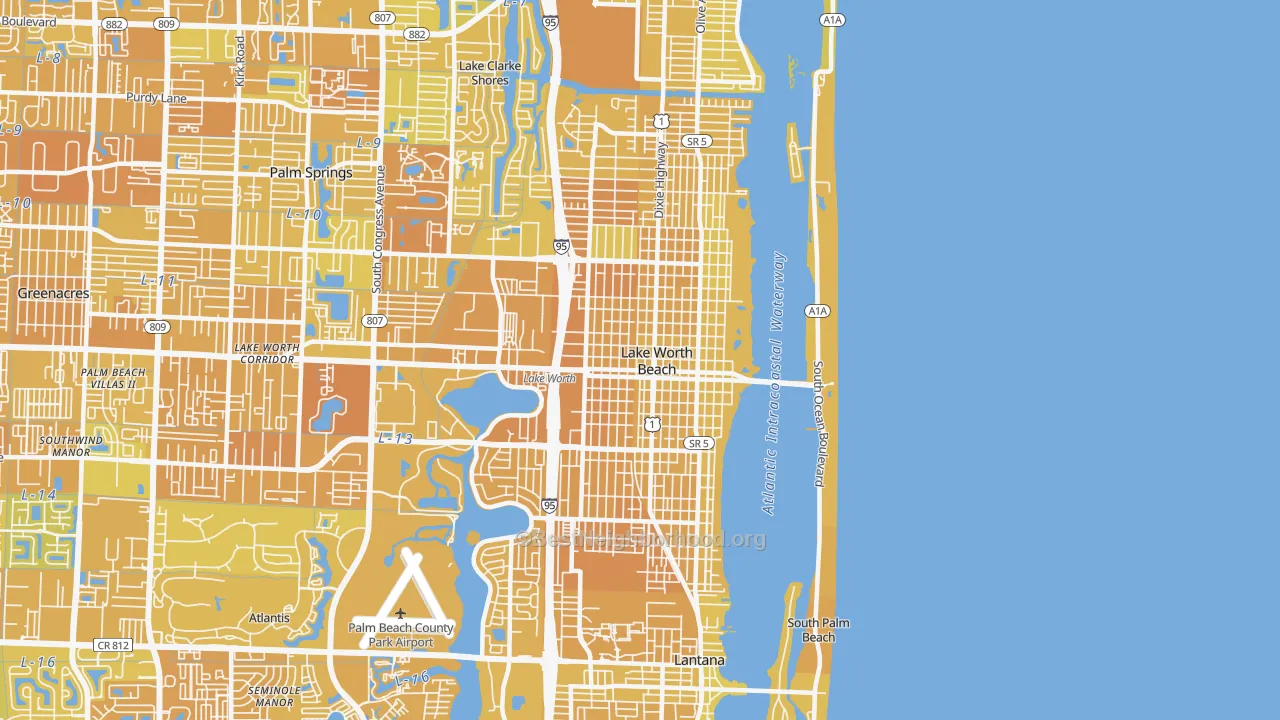 Map of the best neighborhoods in the 33460 area, with better matches in green and worse matches in red