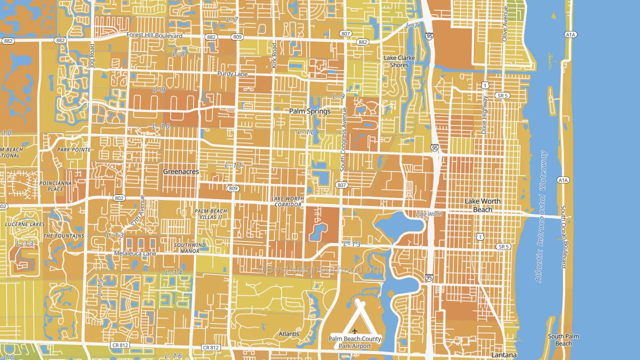 Map of the best neighborhoods in the 33461 area, with better matches in green and worse matches in red