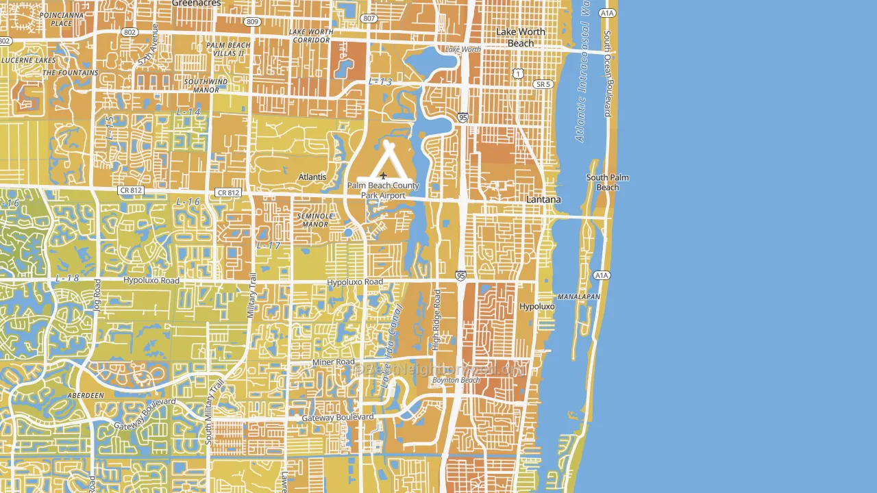 Map of the best neighborhoods in the 33462 area, with better matches in green and worse matches in red