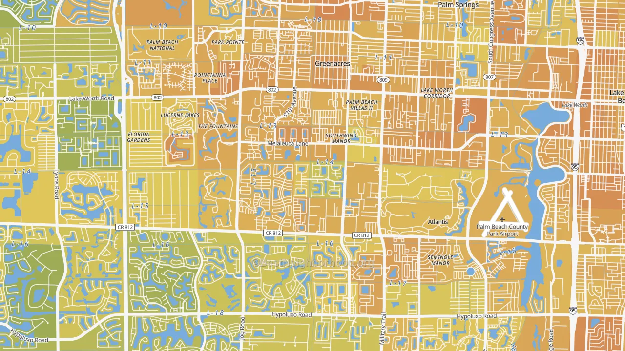 Map of the best neighborhoods in the 33463 area, with better matches in green and worse matches in red
