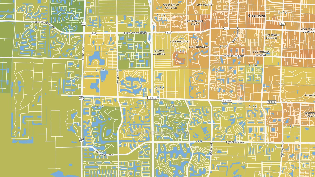 Map of the best neighborhoods in the 33467 area, with better matches in green and worse matches in red