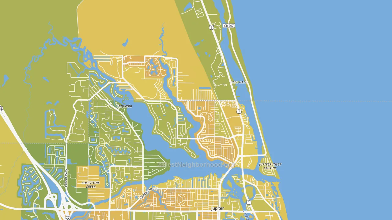 Map of the best neighborhoods in the 33469 area, with better matches in green and worse matches in red