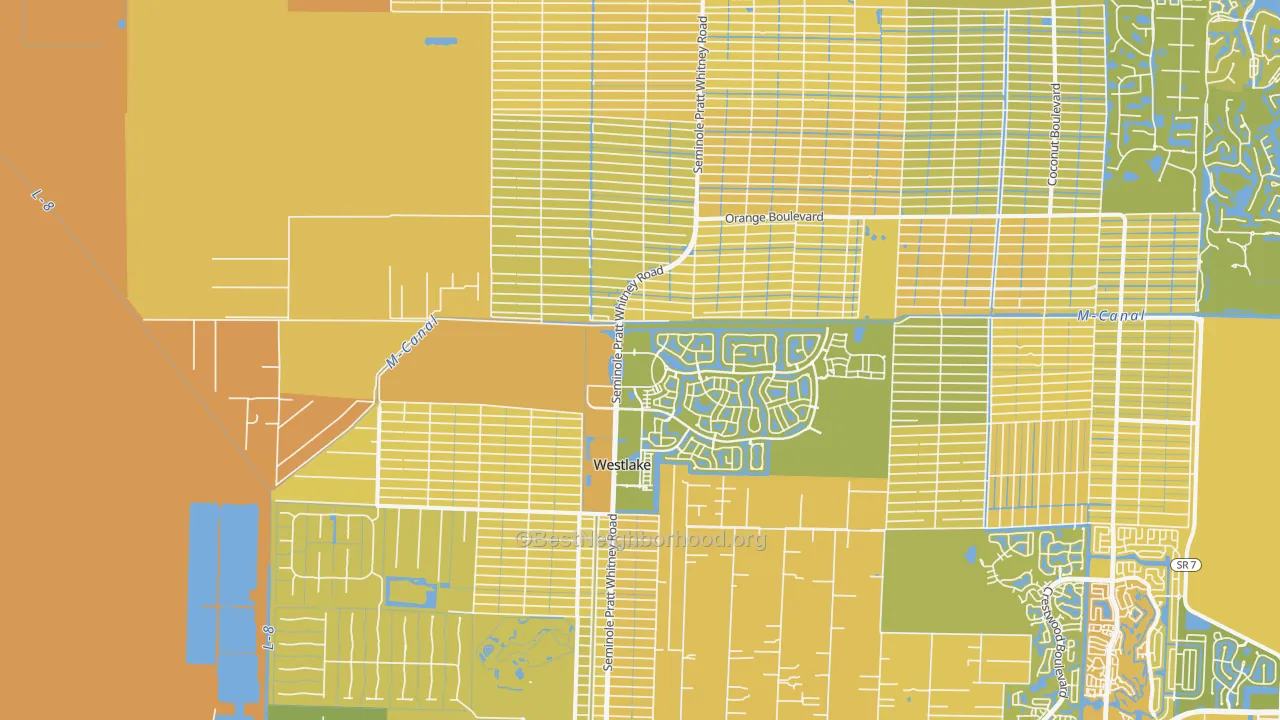 Map of the best neighborhoods in the 33470 area, with better matches in green and worse matches in red