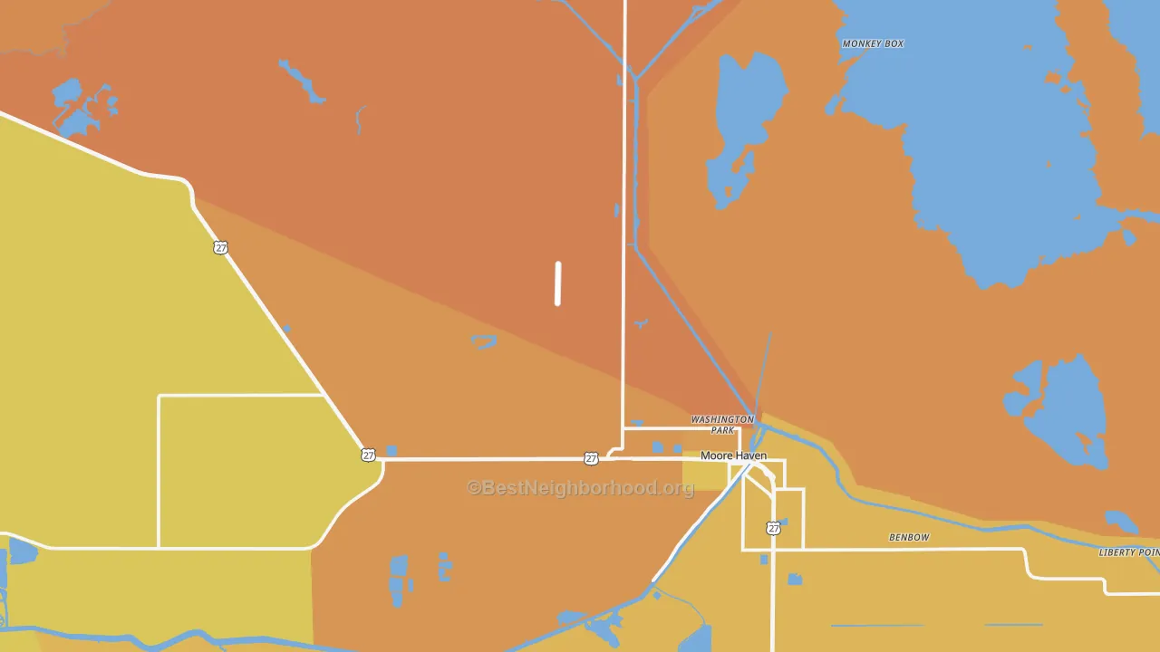 Map of the best neighborhoods in the 33471 area, with better matches in green and worse matches in red
