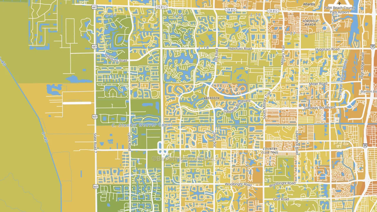 Map of the best neighborhoods in the 33472 area, with better matches in green and worse matches in red