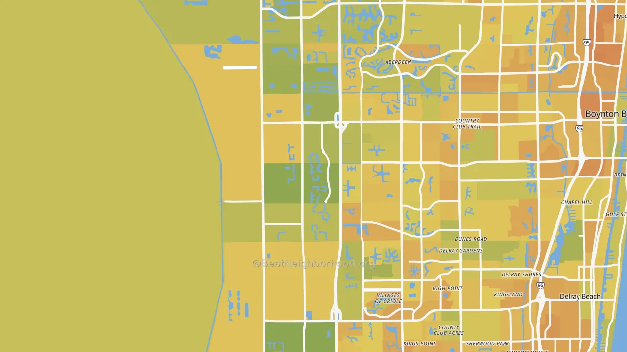 Map of the best neighborhoods in the 33473 area, with better matches in green and worse matches in red
