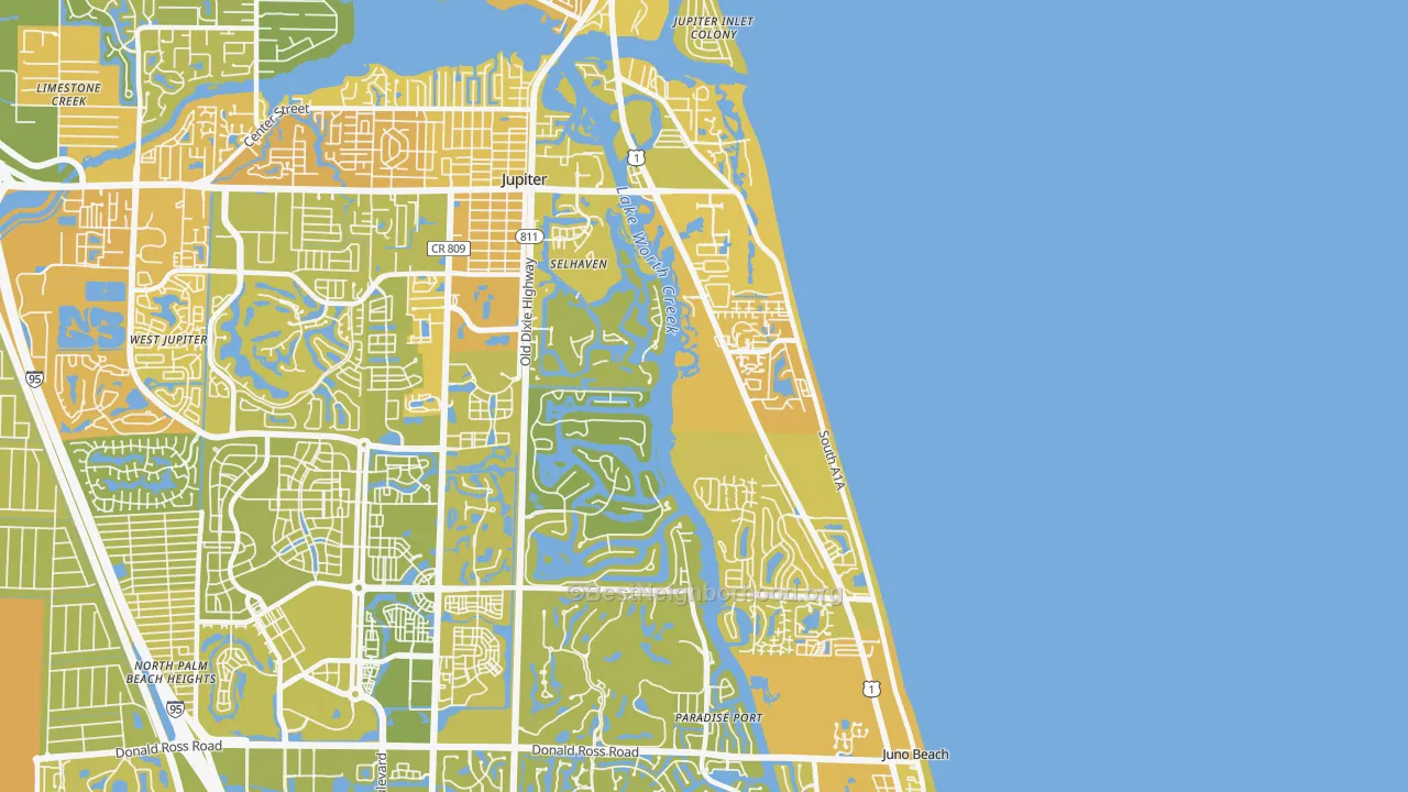 Map of the best neighborhoods in the 33477 area, with better matches in green and worse matches in red