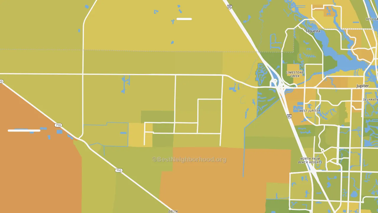 Map of the best neighborhoods in the 33478 area, with better matches in green and worse matches in red