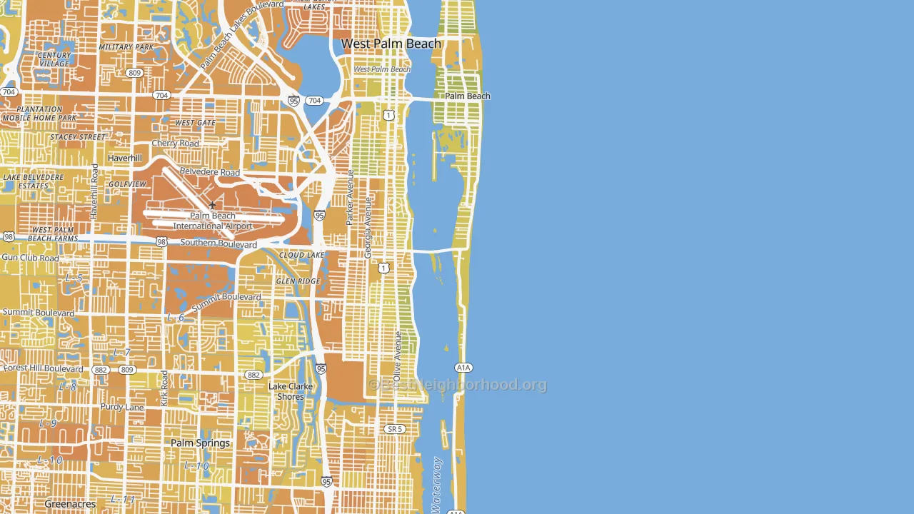Map of the best neighborhoods in the 33480 area, with better matches in green and worse matches in red