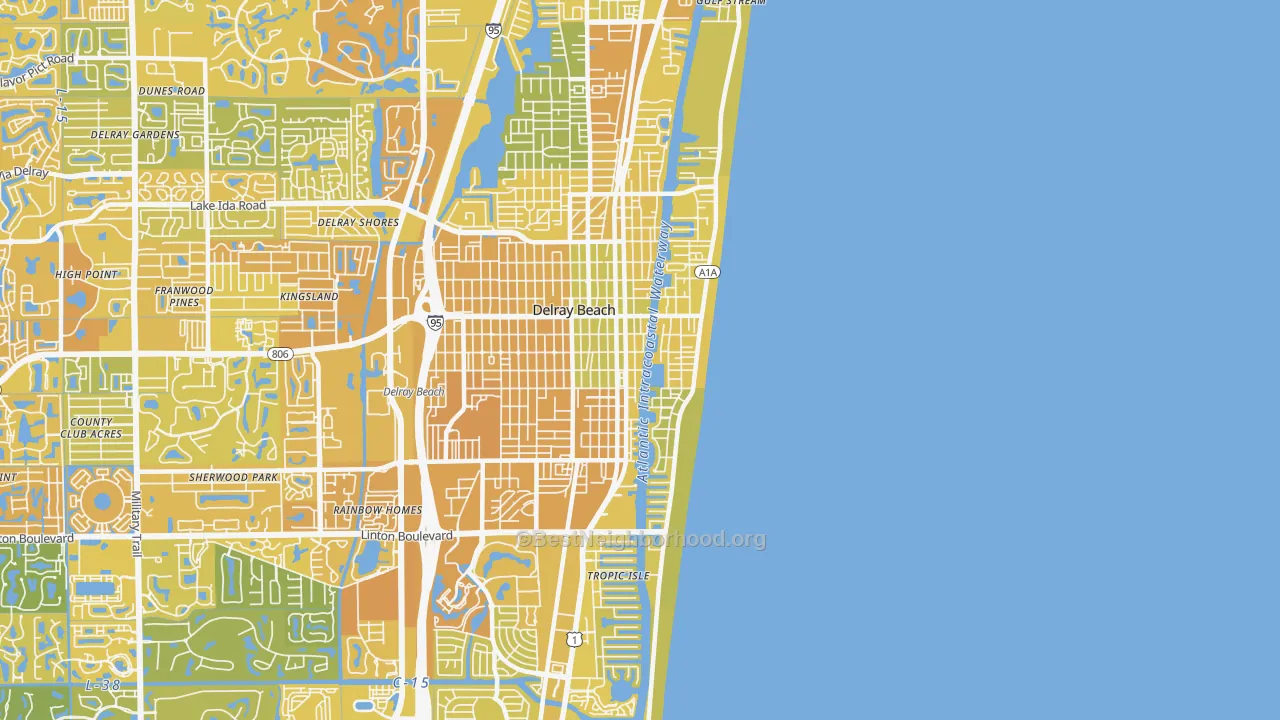 Map of the best neighborhoods in the 33483 area, with better matches in green and worse matches in red