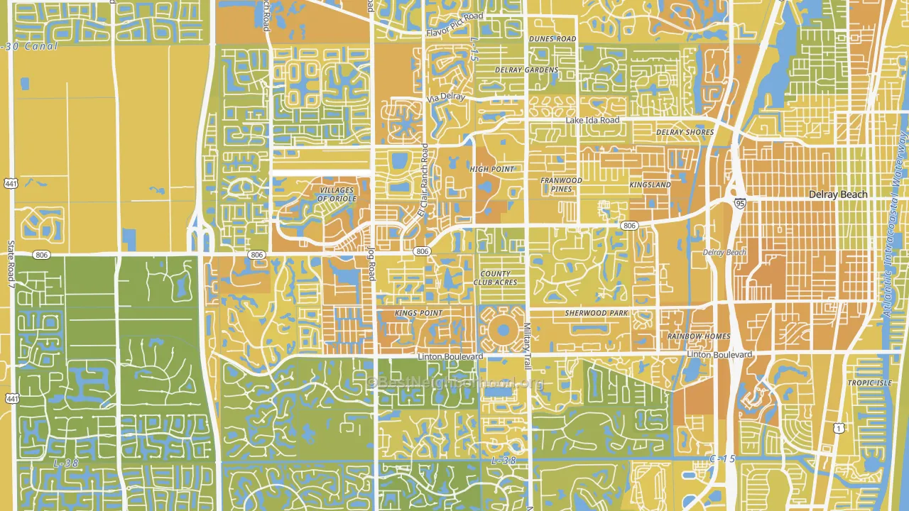 Map of the best neighborhoods in the 33484 area, with better matches in green and worse matches in red