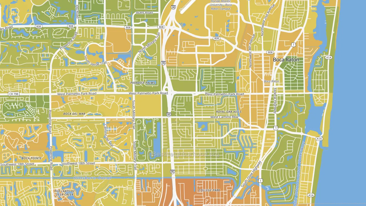 Map of the best neighborhoods in the 33486 area, with better matches in green and worse matches in red