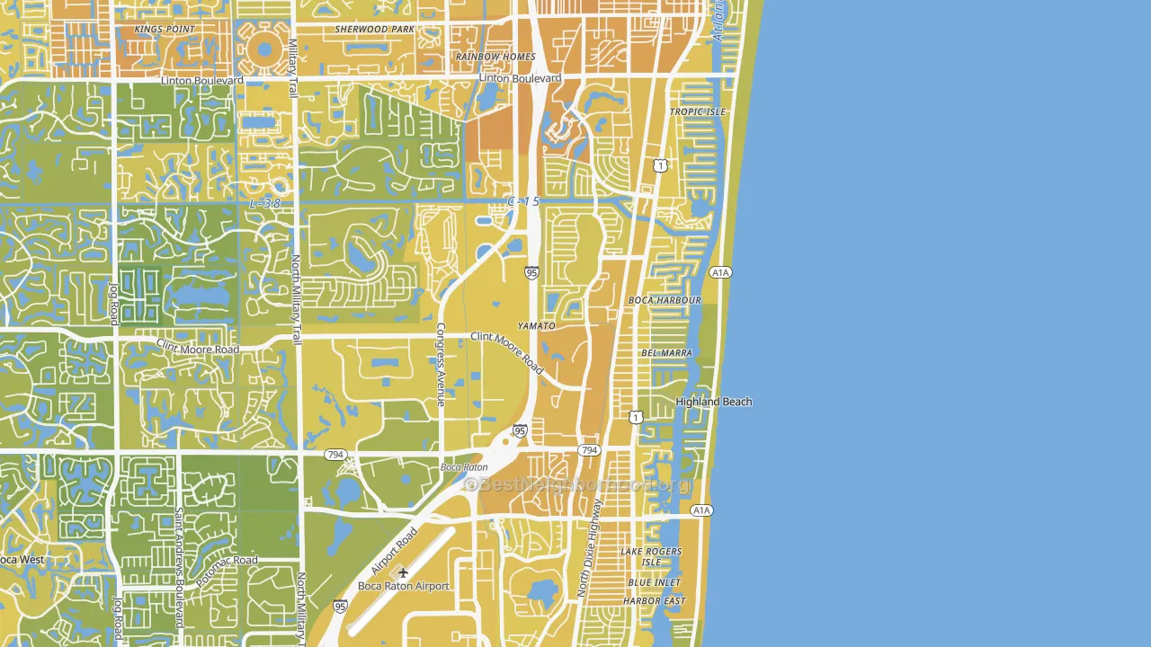 Map of the best neighborhoods in the 33487 area, with better matches in green and worse matches in red