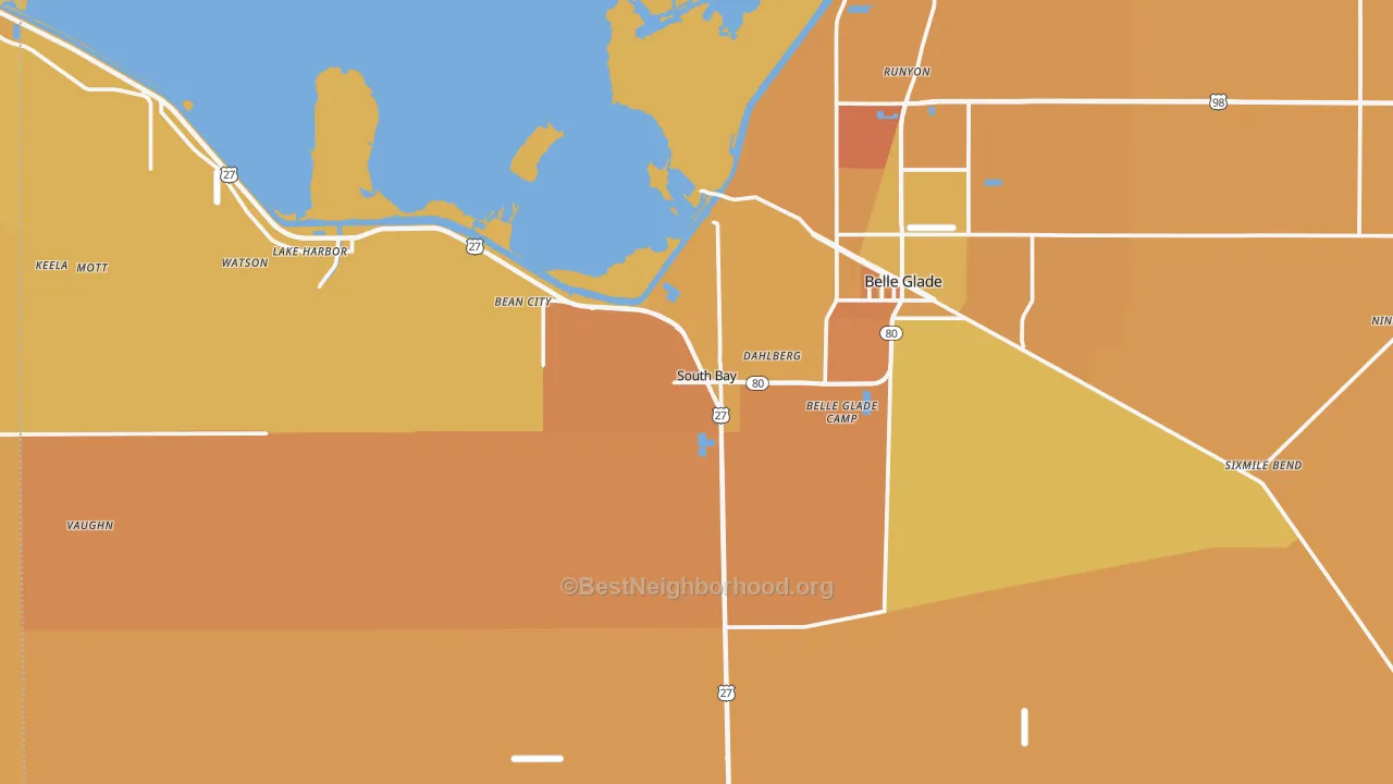 Map of the best neighborhoods in the 33493 area, with better matches in green and worse matches in red