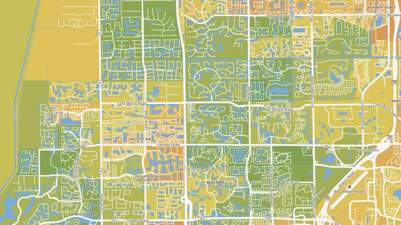 Map of the best neighborhoods in the 33496 area, with better matches in green and worse matches in red