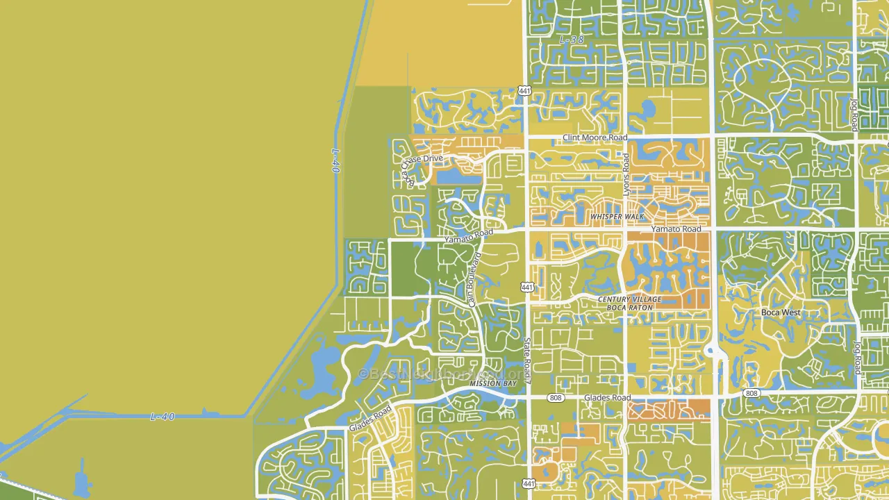 Map of the best neighborhoods in the 33498 area, with better matches in green and worse matches in red