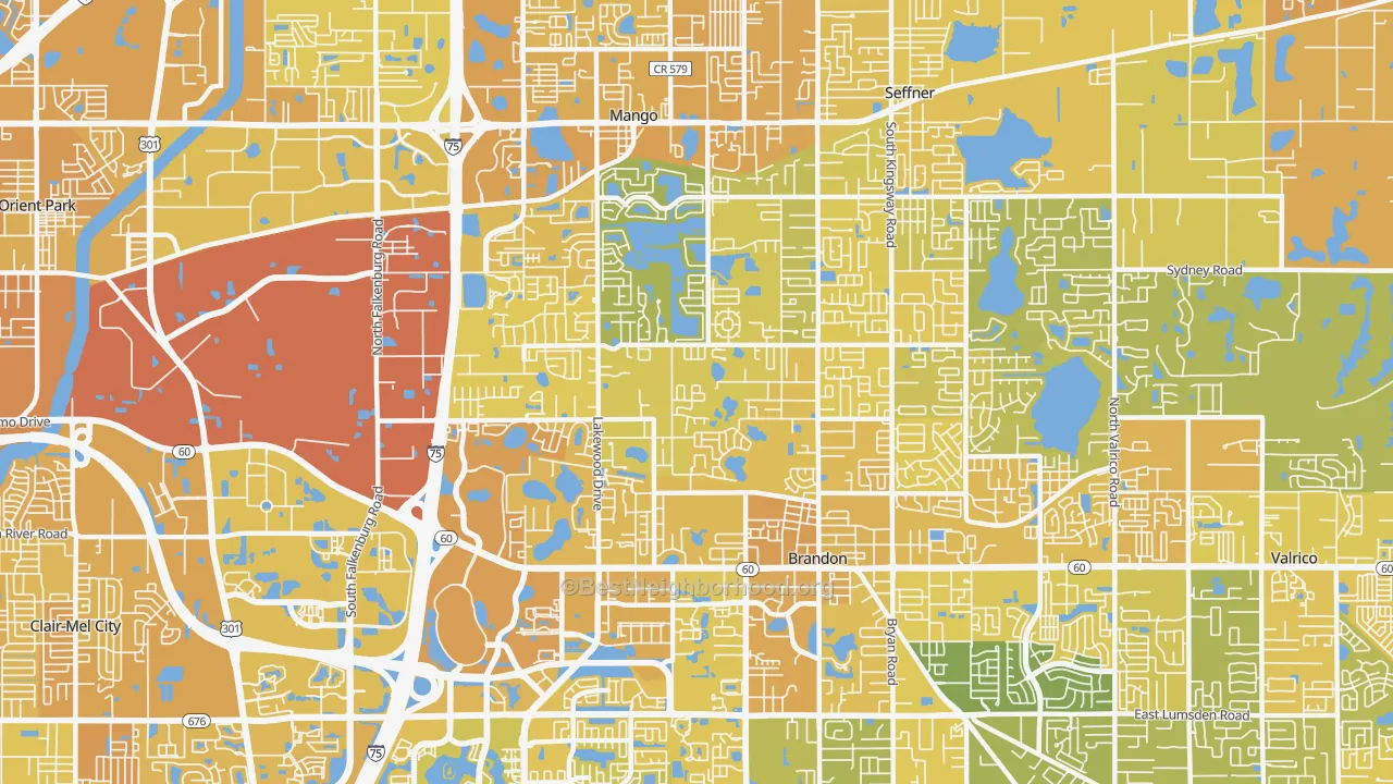 Map of the best neighborhoods in the 33510 area, with better matches in green and worse matches in red