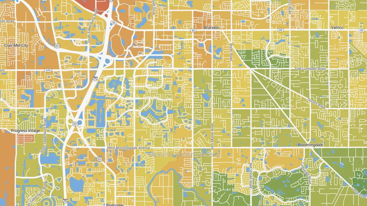 Map of the best neighborhoods in the 33511 area, with better matches in green and worse matches in red