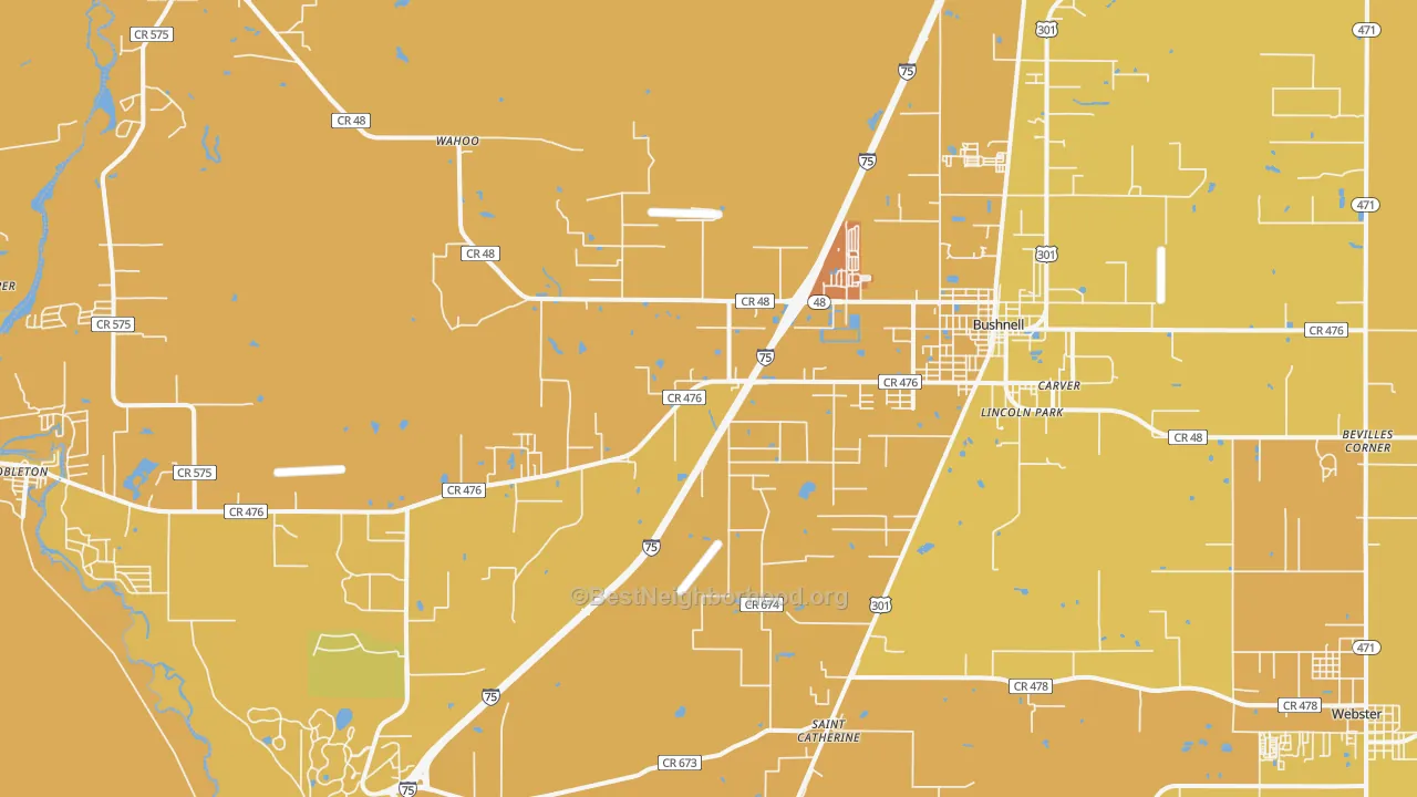 Map of the best neighborhoods in the 33513 area, with better matches in green and worse matches in red
