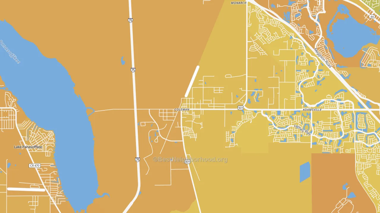 Map of the best neighborhoods in the 33521 area, with better matches in green and worse matches in red