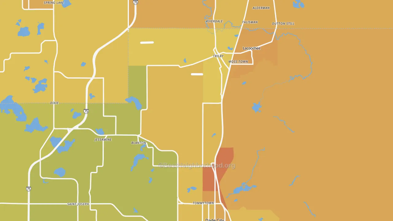 Map of the best neighborhoods in the 33523 area, with better matches in green and worse matches in red