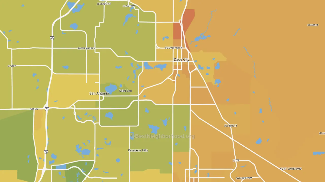 Map of the best neighborhoods in the 33525 area, with better matches in green and worse matches in red