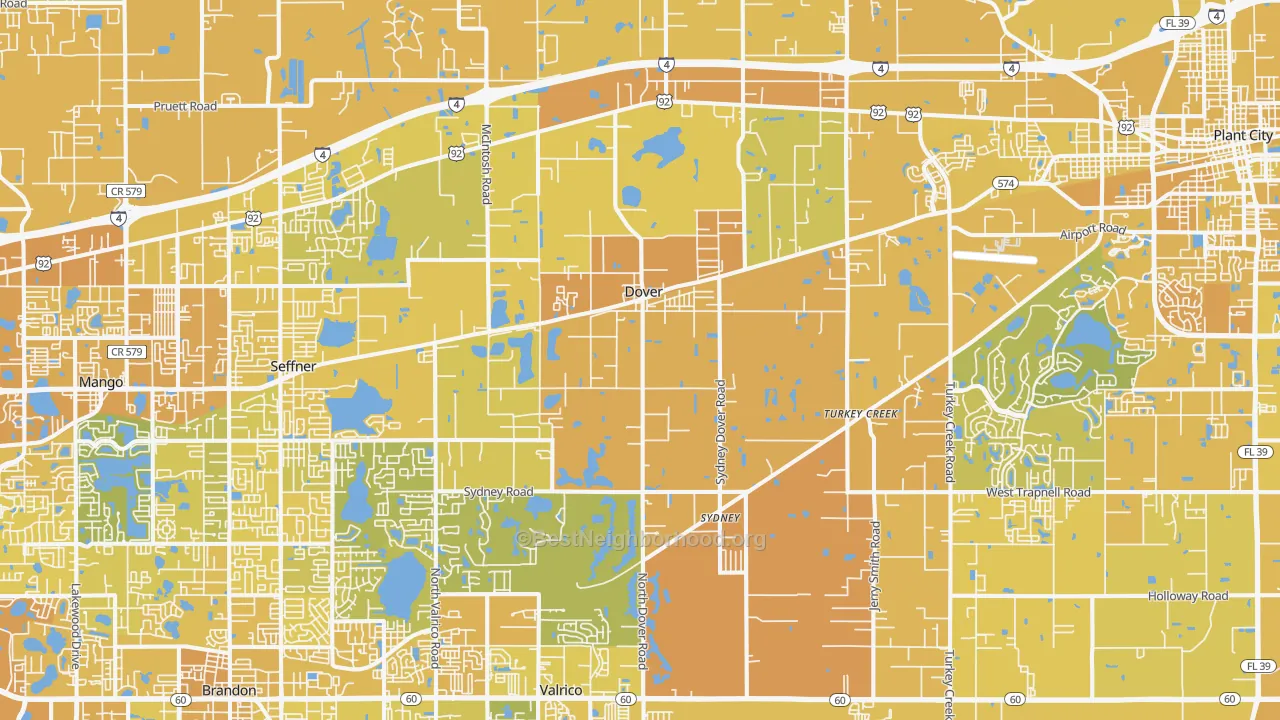 Map of the best neighborhoods in the 33527 area, with better matches in green and worse matches in red