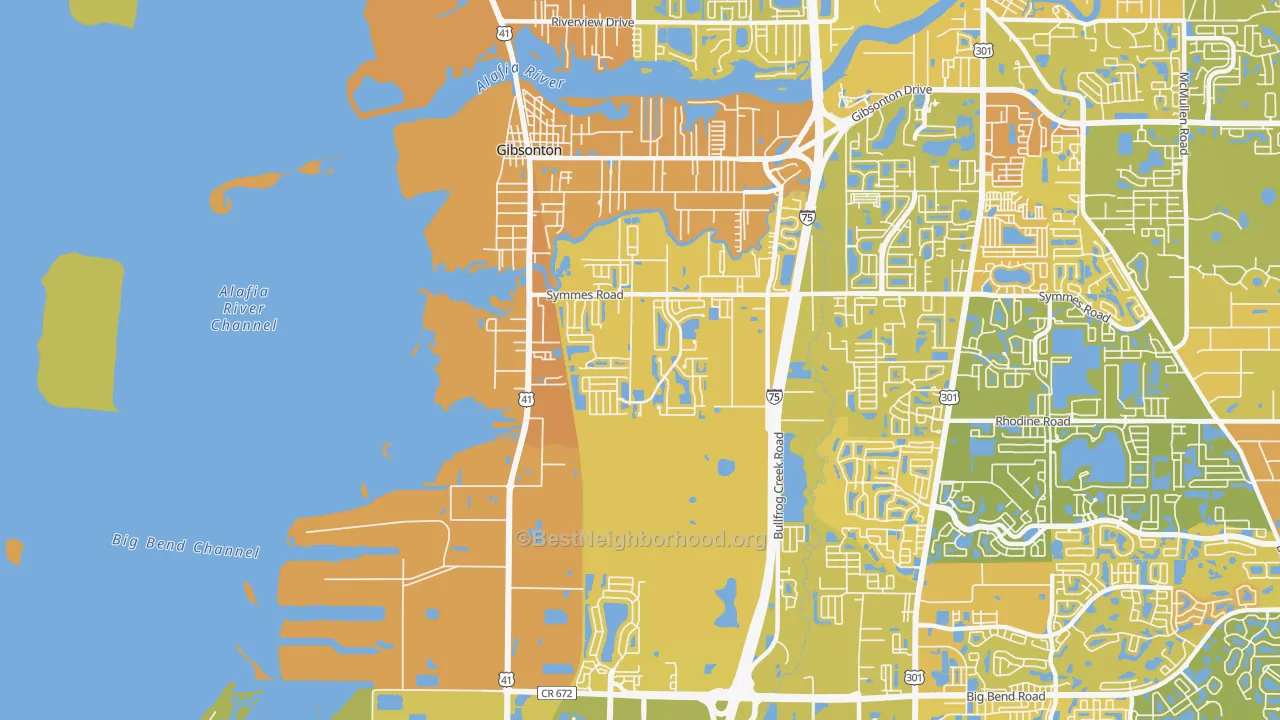 Map of the best neighborhoods in the 33534 area, with better matches in green and worse matches in red