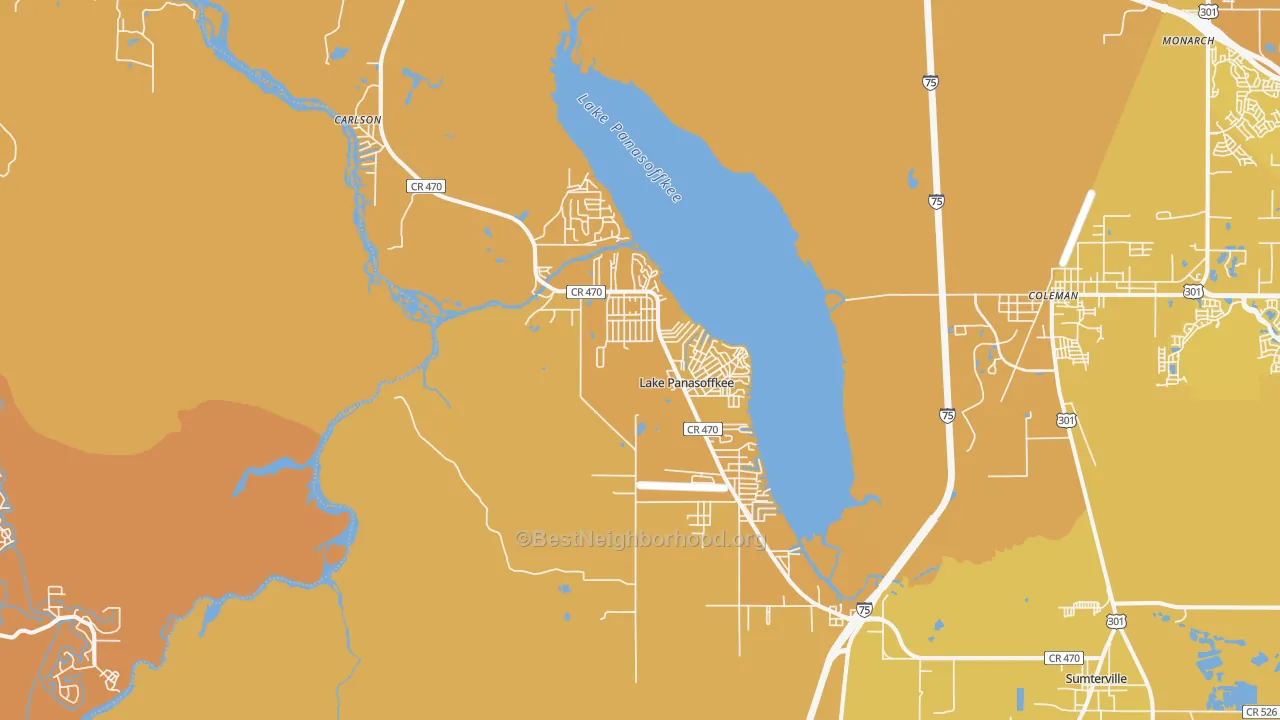 Map of the best neighborhoods in the 33538 area, with better matches in green and worse matches in red