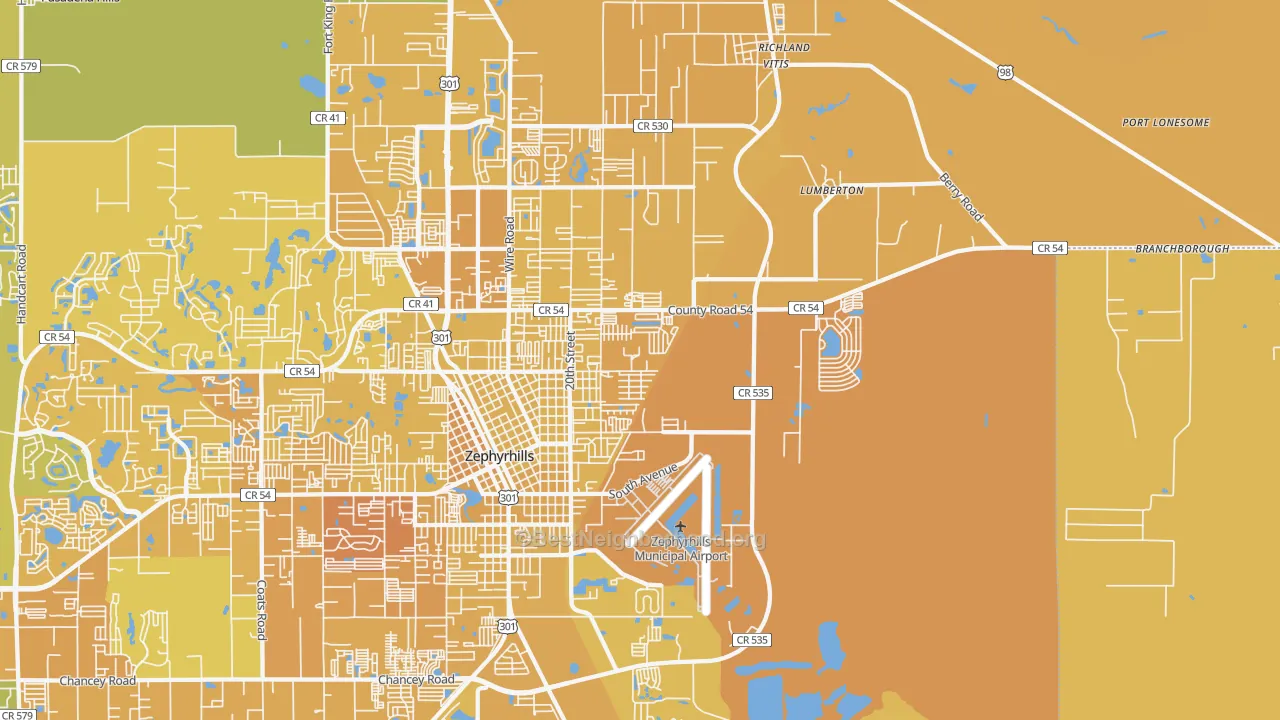 Map of the best neighborhoods in the 33540 area, with better matches in green and worse matches in red