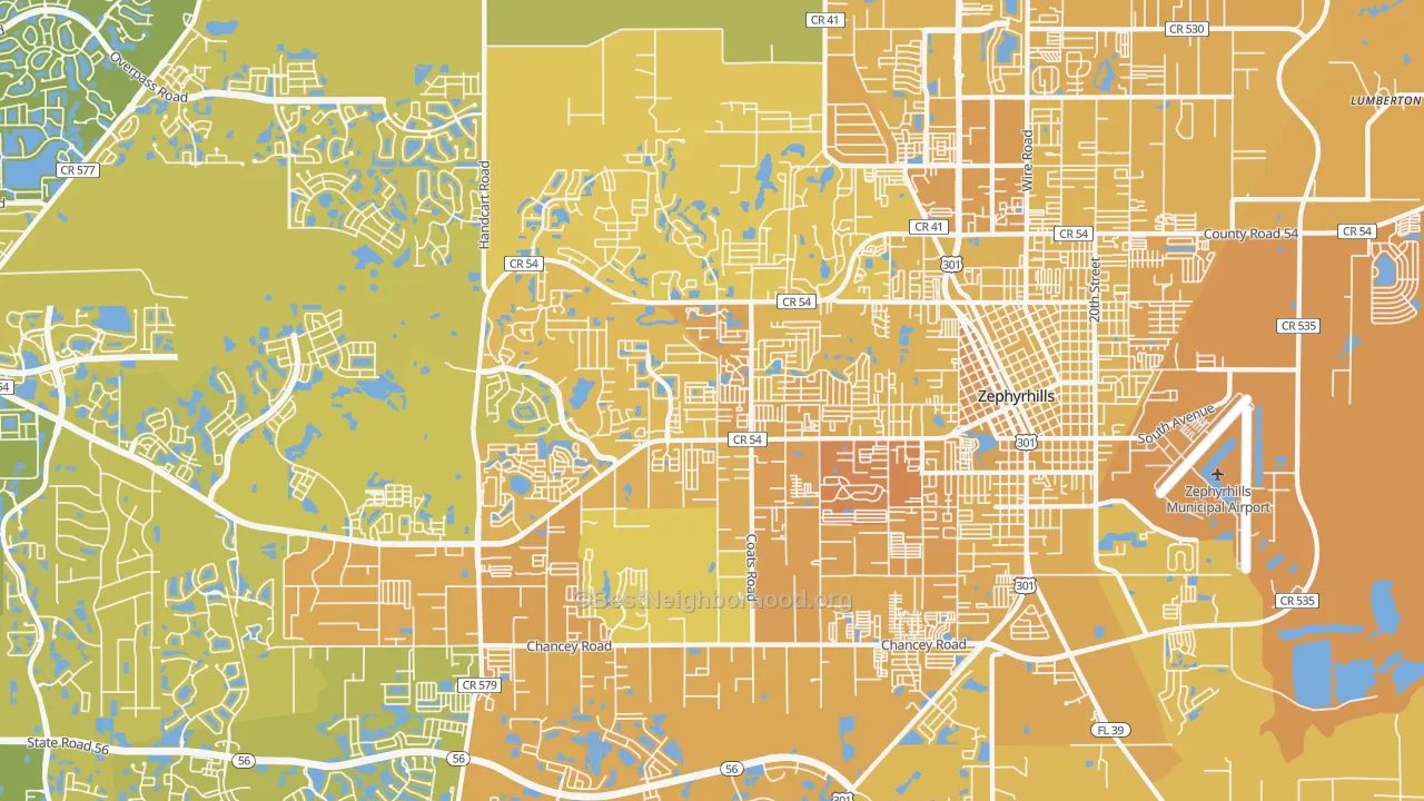 Map of the best neighborhoods in the 33541 area, with better matches in green and worse matches in red
