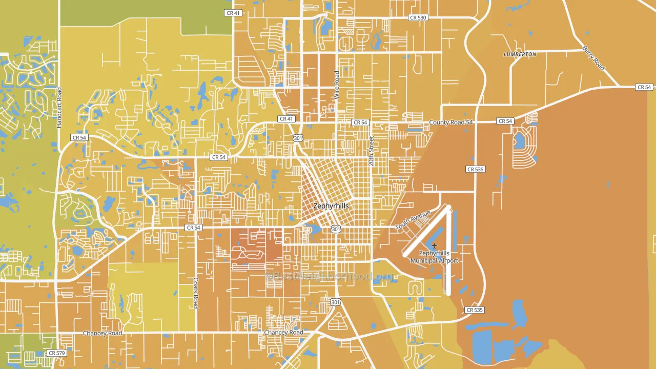 Map of the best neighborhoods in the 33542 area, with better matches in green and worse matches in red