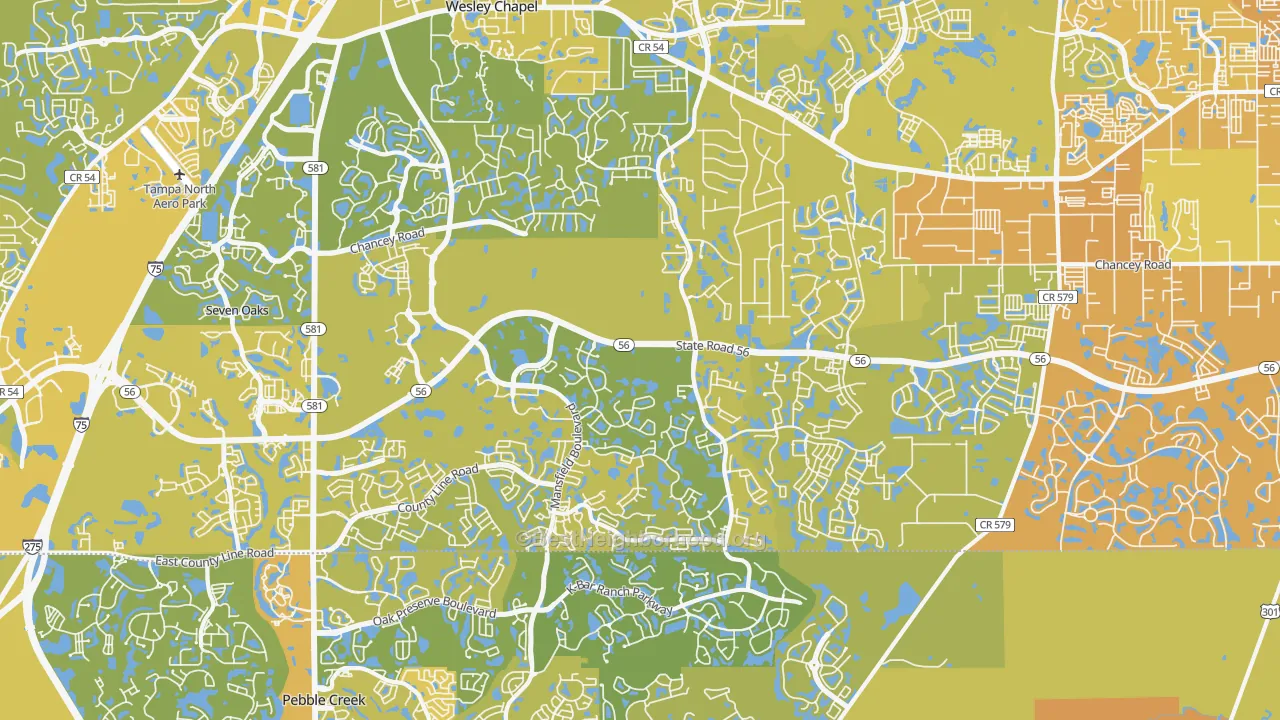 Map of the best neighborhoods in the 33543 area, with better matches in green and worse matches in red