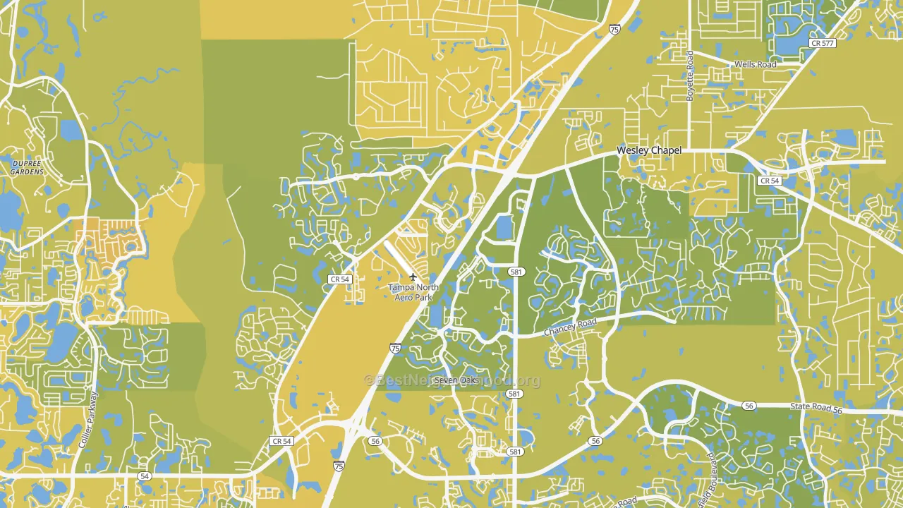 Map of the best neighborhoods in the 33544 area, with better matches in green and worse matches in red