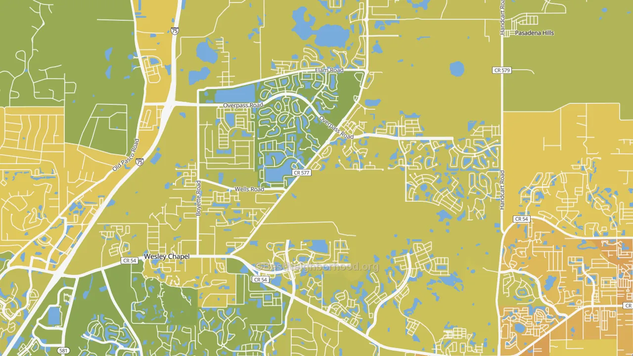 Map of the best neighborhoods in the 33545 area, with better matches in green and worse matches in red