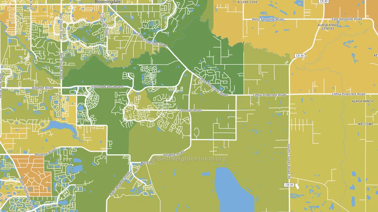 Map of the best neighborhoods in the 33547 area, with better matches in green and worse matches in red