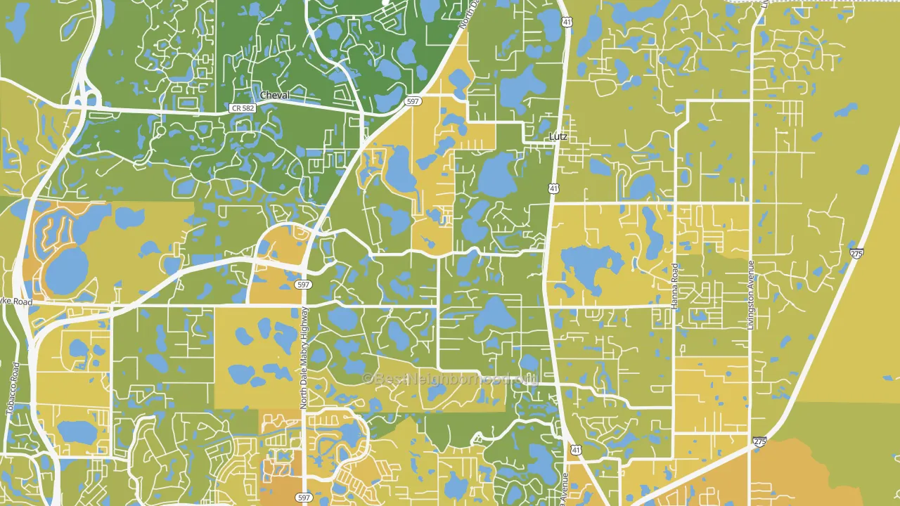 Map of the best neighborhoods in the 33548 area, with better matches in green and worse matches in red