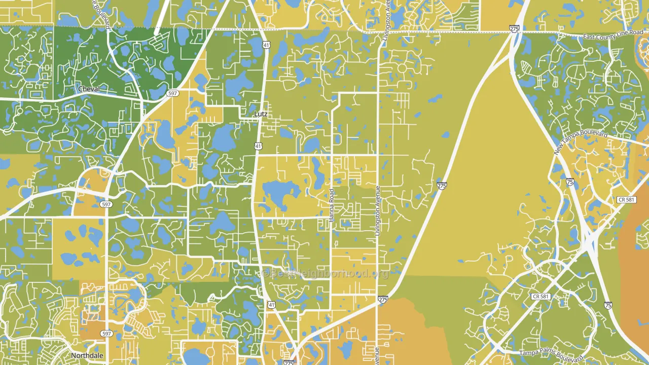Map of the best neighborhoods in the 33549 area, with better matches in green and worse matches in red