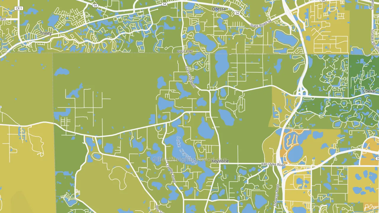 Map of the best neighborhoods in the 33556 area, with better matches in green and worse matches in red