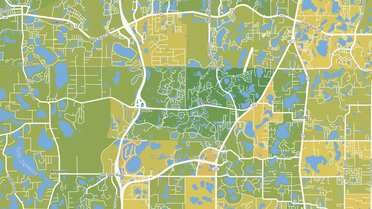 Map of the best neighborhoods in the 33558 area, with better matches in green and worse matches in red