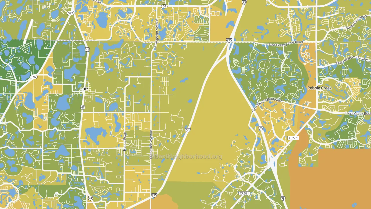 Map of the best neighborhoods in the 33559 area, with better matches in green and worse matches in red
