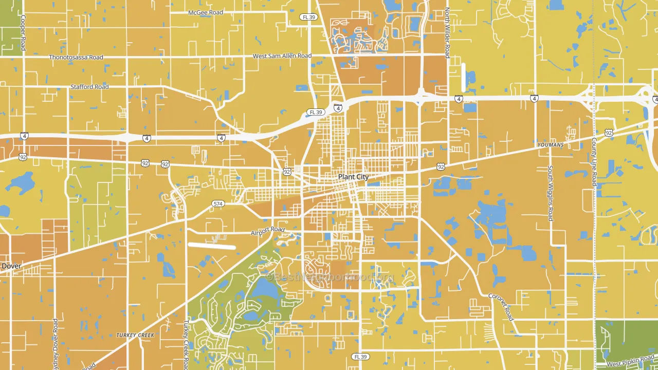 Map of the best neighborhoods in the 33563 area, with better matches in green and worse matches in red