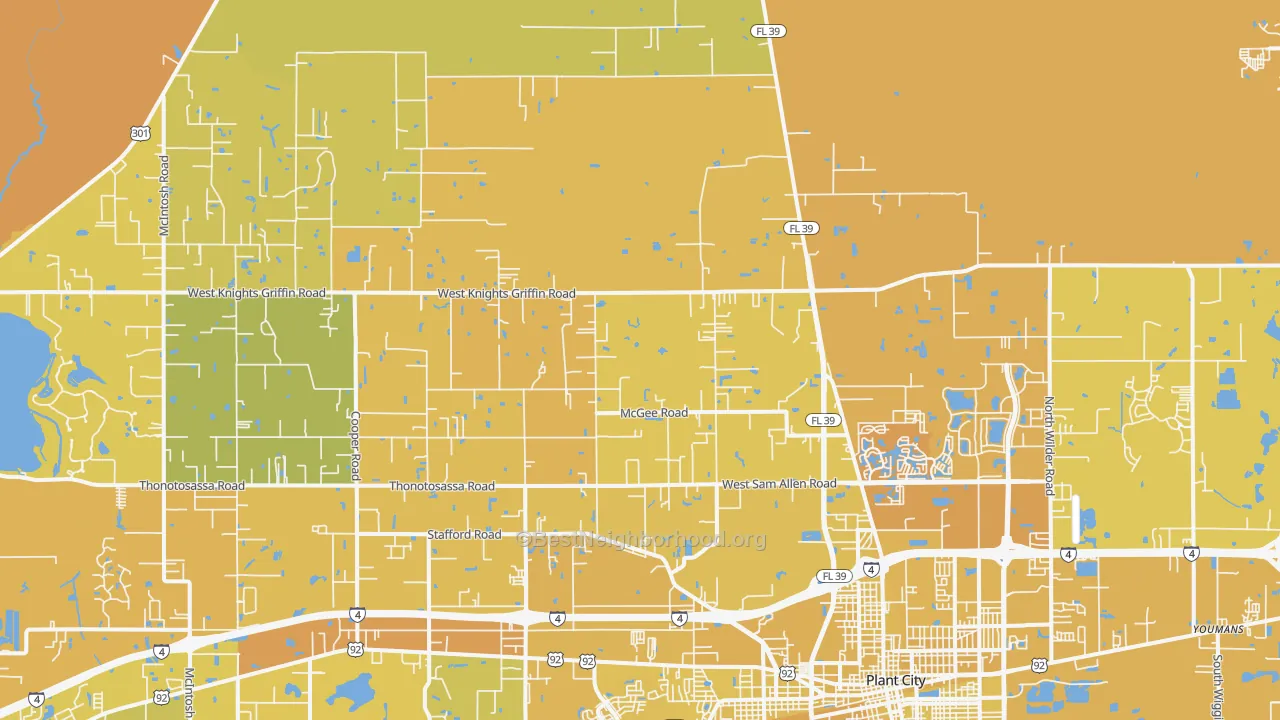 Map of the best neighborhoods in the 33565 area, with better matches in green and worse matches in red