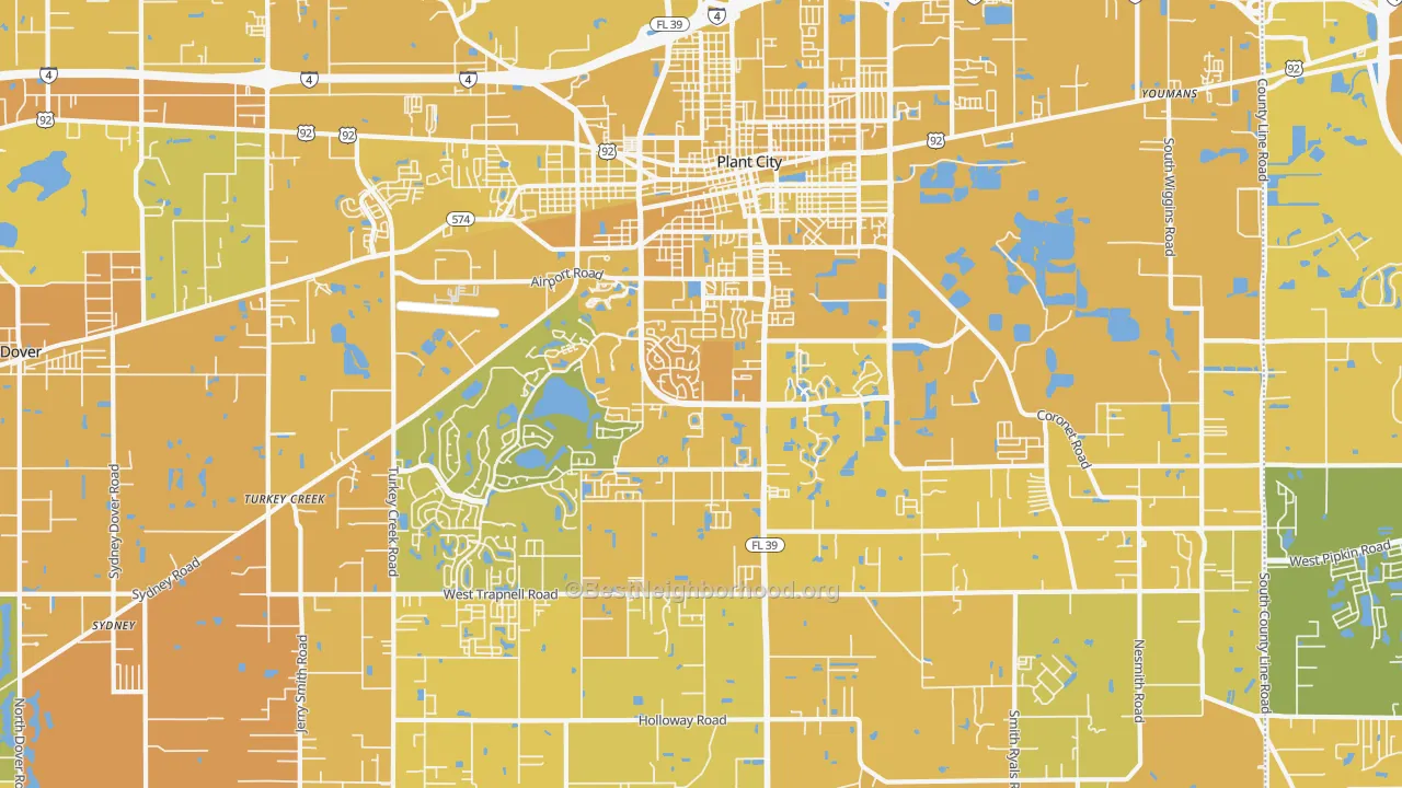 Map of the best neighborhoods in the 33566 area, with better matches in green and worse matches in red