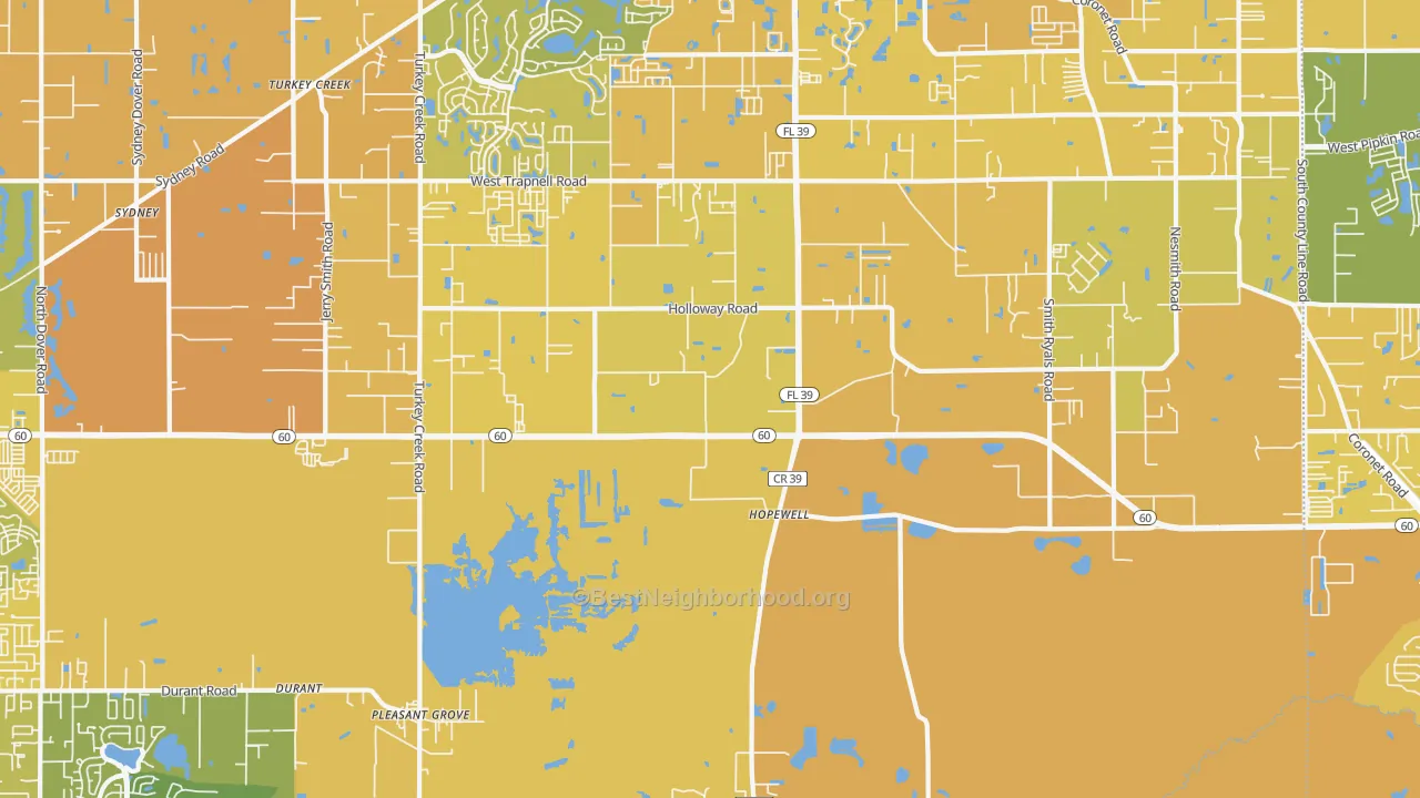 Map of the best neighborhoods in the 33567 area, with better matches in green and worse matches in red