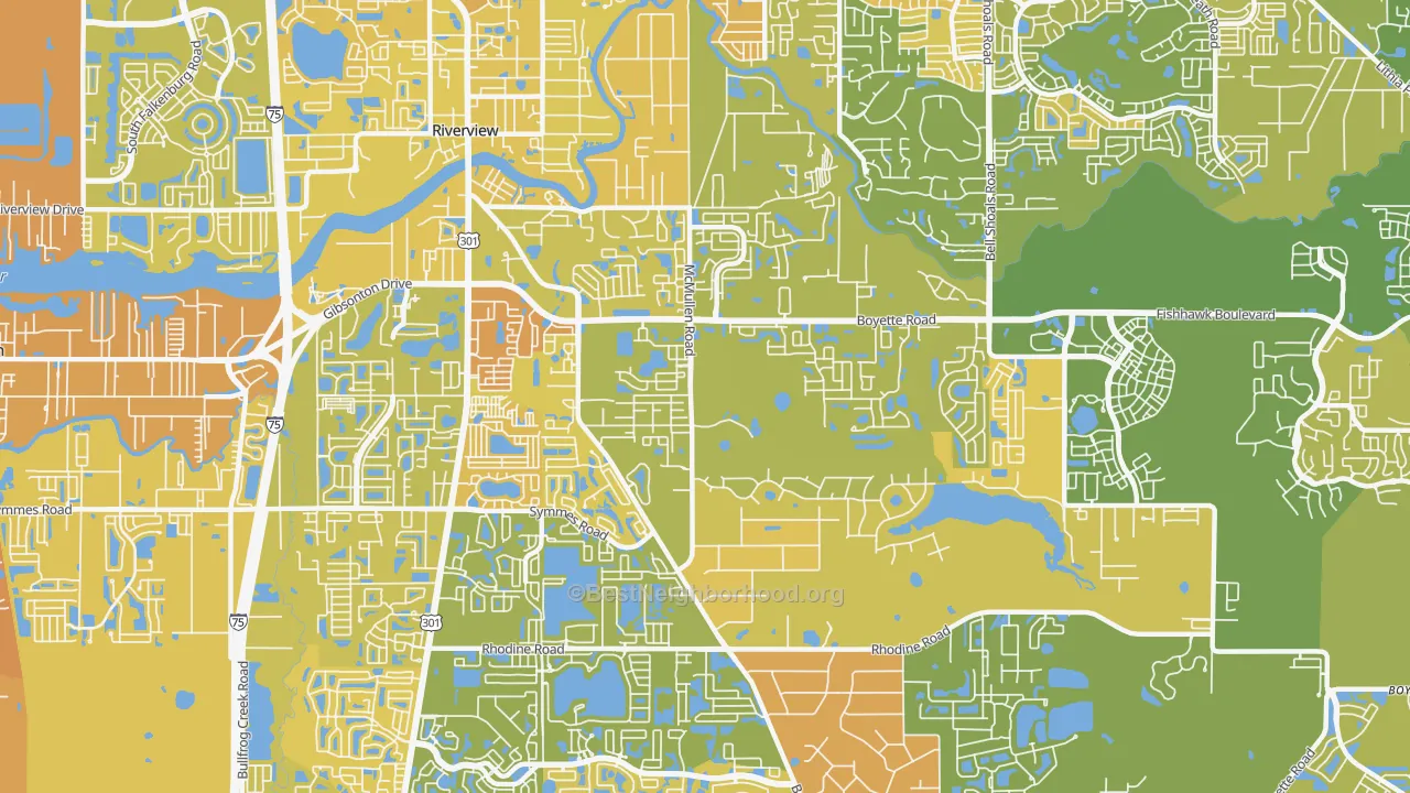 Map of the best neighborhoods in the 33569 area, with better matches in green and worse matches in red