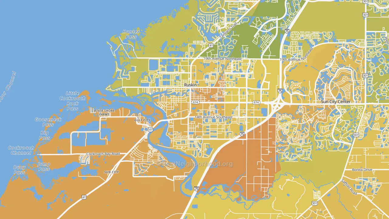 Map of the best neighborhoods in the 33570 area, with better matches in green and worse matches in red