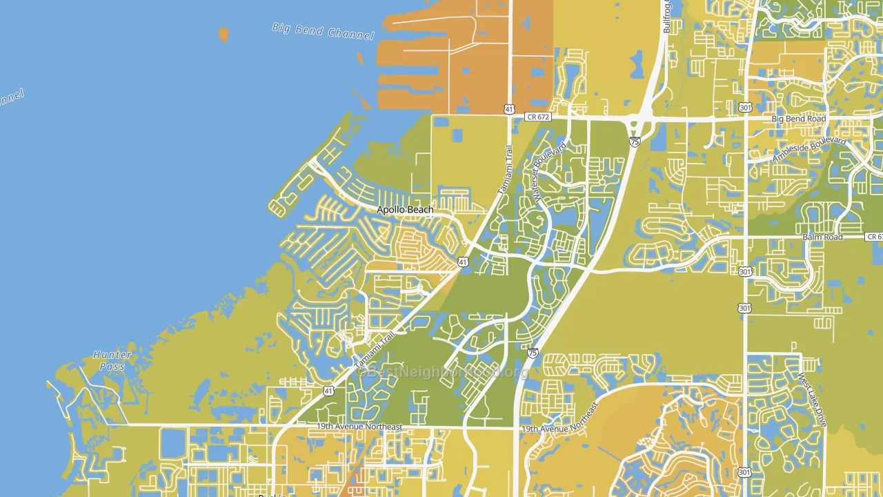 Map of the best neighborhoods in the 33572 area, with better matches in green and worse matches in red